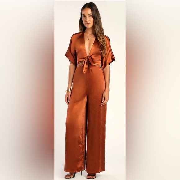 Lulus Pants - Lulus Flirt For Fun Rust Brown Tie-front Two-piece Wide-leg Jumpsuit - Size L